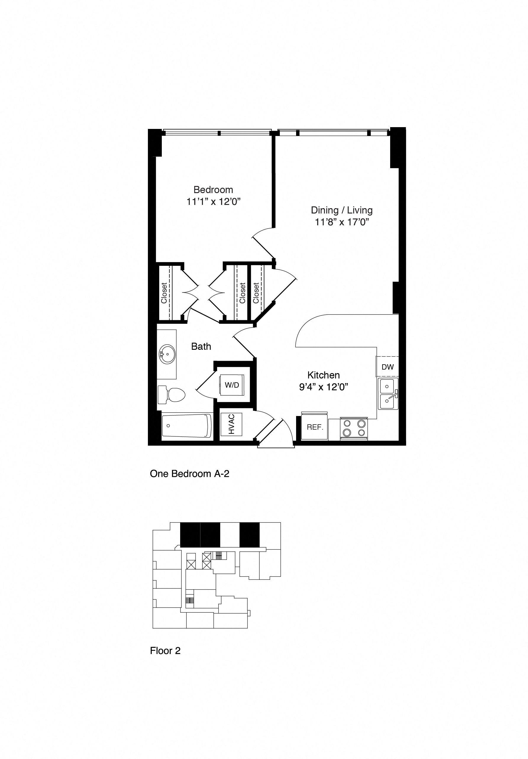 Floor plan for 1 bed, 1 bath, 712 sqft